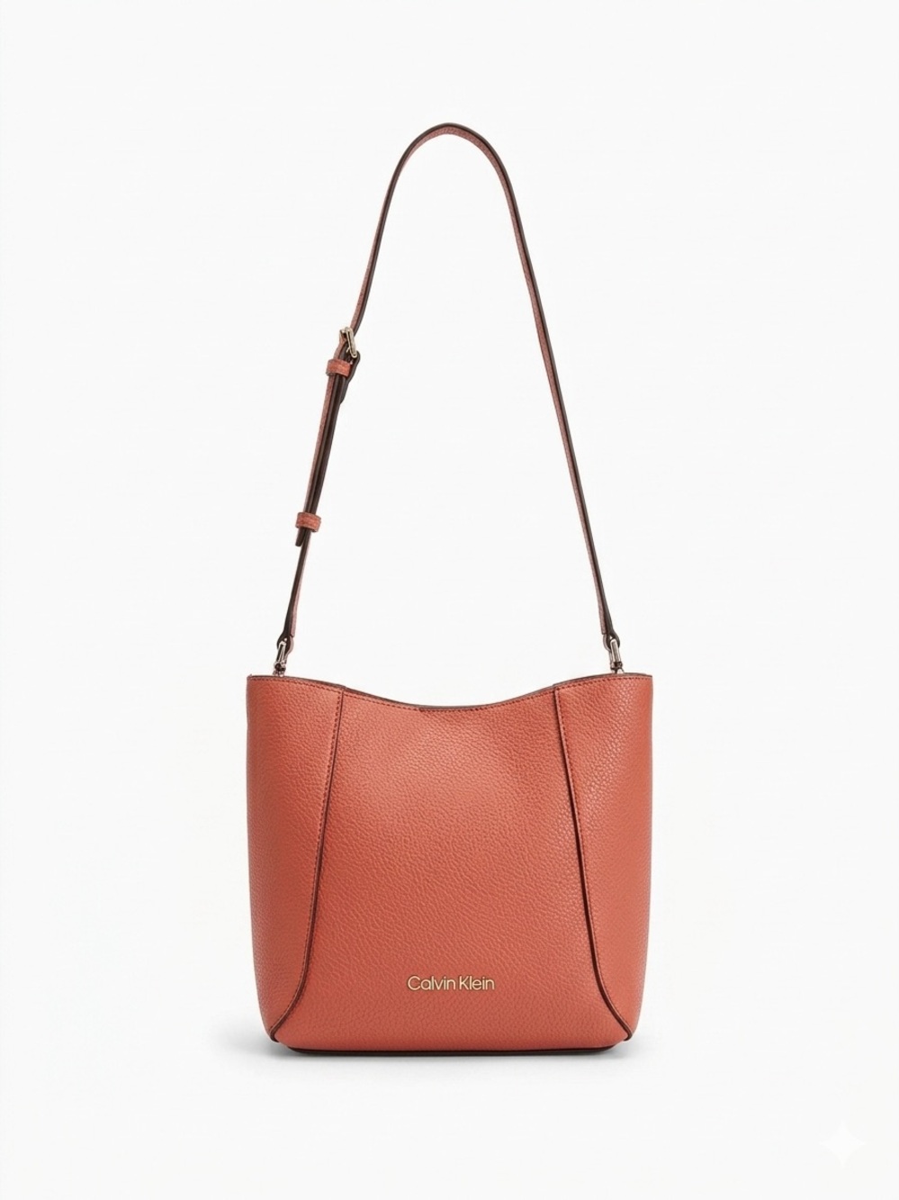 Calvin Klein Pebbled Leather Shoulder Bucket Bag in Rust
